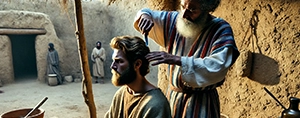 Barbero israelita antiguo cortando cabello y barba según el mandamiento de Dios en las Escrituras.